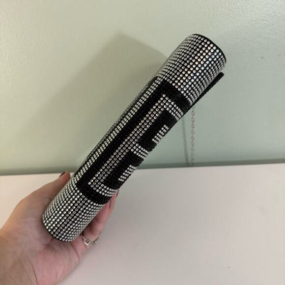 Greek Clutch Bag Rhinestone Embellished Black Silver Chain Purse Evening Party - Picture 10 of 12